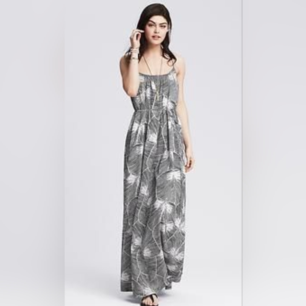 Banana Republic Black and White Leaf Print Maxi Dress